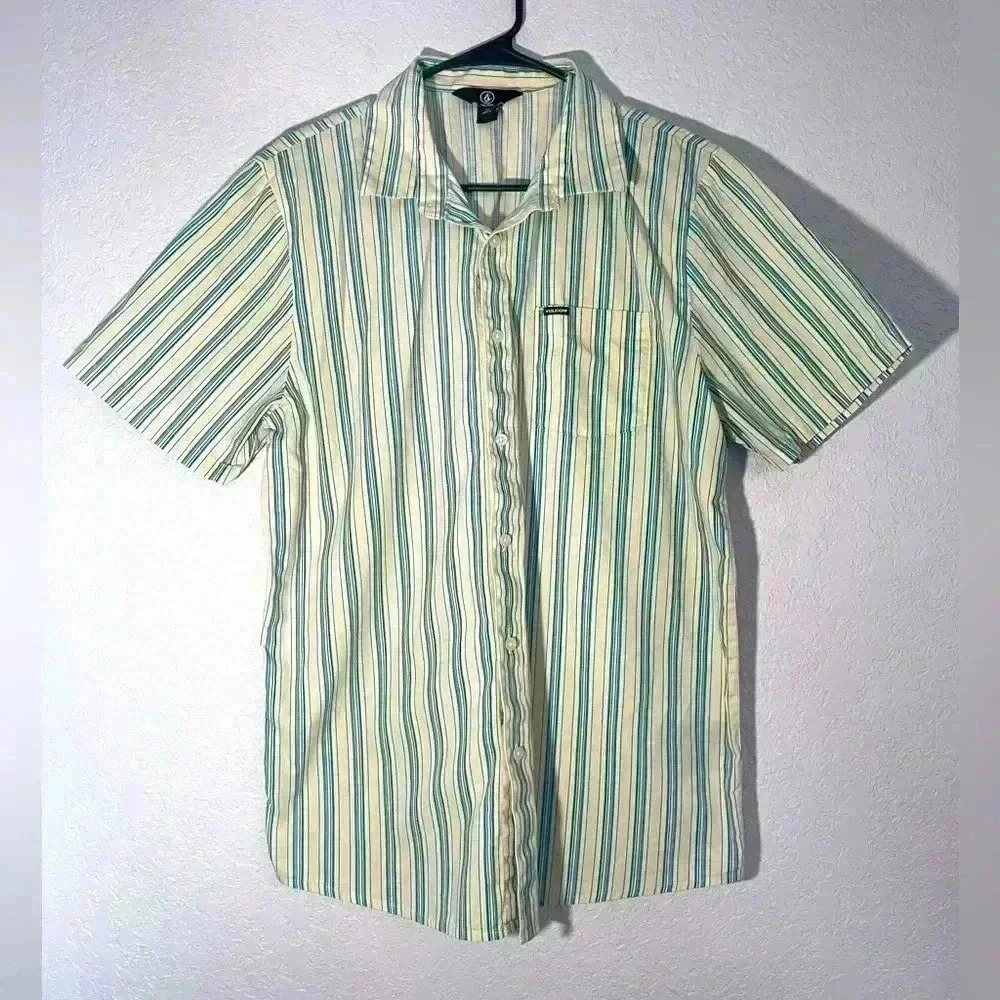 VOLCOM Mens Button Down Shirt Size L Warbler Woven Short Sleeve Cream Aqua
